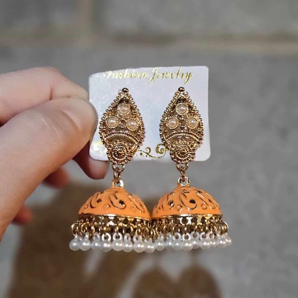 Fashion Jewelry Boutique Traditional Bell-Shaped Jhumka Earrings w/ Faux Pearls